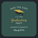 Graduation 2024 Script Save the Date Grad Party Square Sticker<br><div class="desc">Create your own college or high school graduation party save the date with our modern trendy grad design template. Featuring a gold and black graduation cap,  script calligraphy,  and the graduation details you can easily customize to make a unique announcement for your graduation party</div>