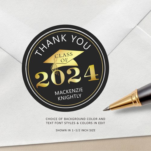 Graduation 2024 Thank You Black Faux Gold Foil Classic Round Sticker