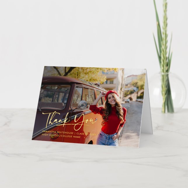 Graduation 2024 Thank You Photo Script Gold Foil Greeting Card (Front)