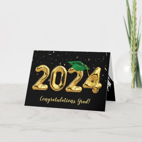 Graduation 2024 With Green Cap and Confetti Card