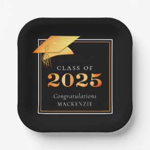 Graduation 2025 Black Faux Metallic Orange Paper Plates