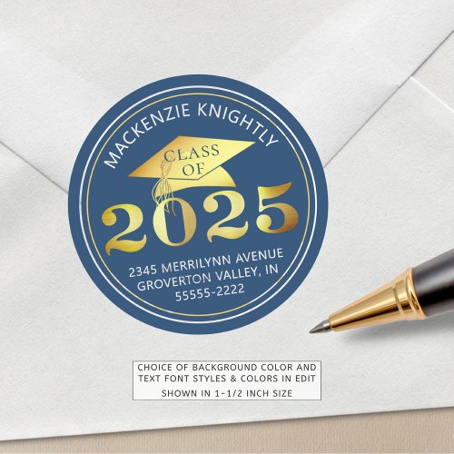 Graduation 2025 Blue Faux Gold Foil Address Classic Round Sticker