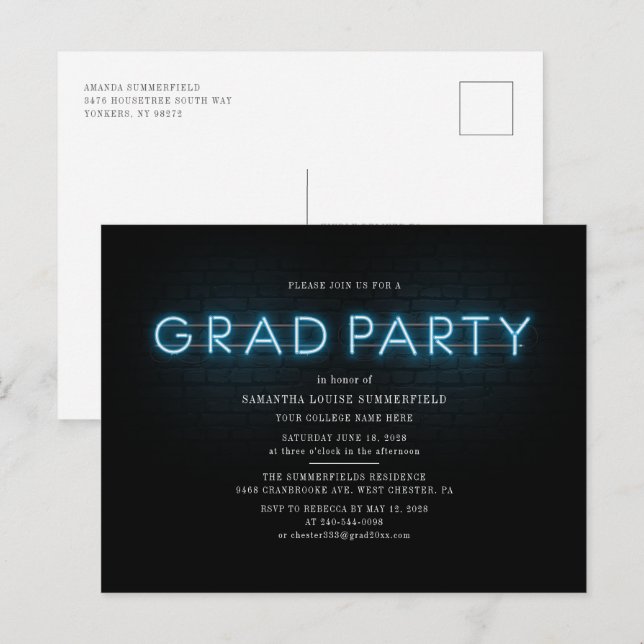 Graduation 2025 Blue Neon Grad Party Invitation Postcard (Front/Back)