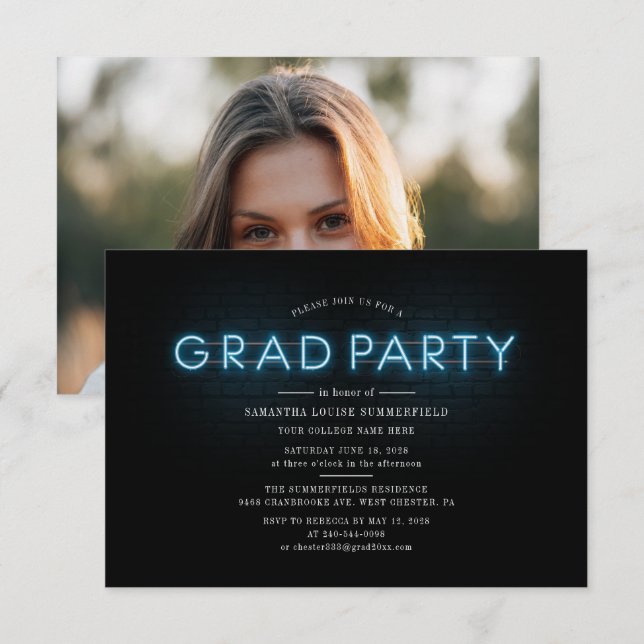 Graduation 2025 Blue Neon Photo Grad Party Invitation (Front/Back)