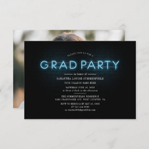 Graduation 2025 Blue Neon Photo Grad Party Invitation