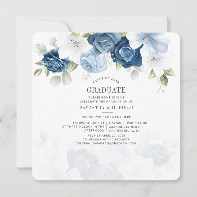 Graduation 2025 Dusty Blue Floral Invitation (Front)