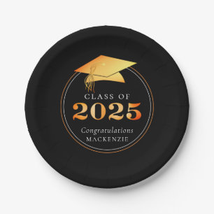 Graduation 2025 Faux Metallic Black Gold Paper Plates