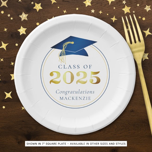 Graduation 2025 Faux Metallic Blue Gold Paper Plates (Creator Uploaded)