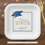 Graduation 2025 Faux Metallic Blue Gold Script Paper Plates<br><div class="desc">Modern personalized CLASS OF 2025 blue, gold and white graduation party plates with your graduate's name in a chic handwritten script with faux metallic blue graduation cap and faux metallic gold 2025. ASSISTANCE: For help with design modification/personalization, color change, transferring the design to another product or would like coordinating items,...</div>