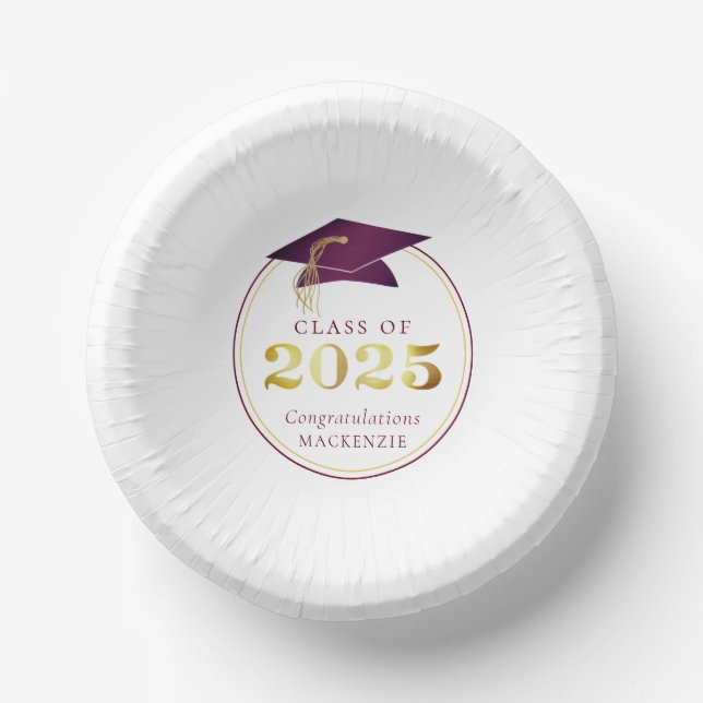 Graduation 2025 Faux Metallic Burgundy Gold Paper Bowls (Front)