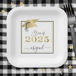 Graduation 2025 Faux Metallic Gold Cap Black Paper Plates<br><div class="desc">Modern personalized CLASS OF 2025 graduation party plates with your graduate's name in a chic handwritten script with a faux metallic gold 2025 and graduation cap. ASSISTANCE: For help with design modification/personalization, color change, transferring the design to another product or would like coordinating items, contact the designer BEFORE ORDERING via...</div>