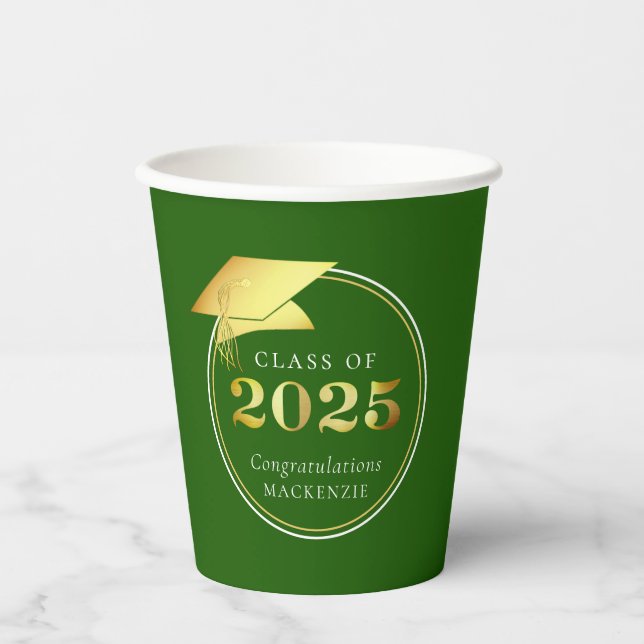 Graduation 2025 Faux Metallic Gold Green Paper Cups (Front)