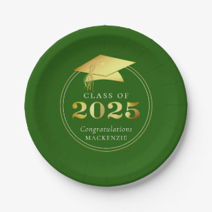 Graduation 2025 Faux Metallic Green Gold Paper Plates