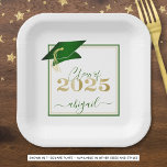 Graduation 2025 Faux Metallic Green Gold Script Paper Plates<br><div class="desc">Modern personalized CLASS OF 2025 green, gold and white graduation party plates with your graduate's name in a chic handwritten script with faux metallic green graduation cap and faux metallic gold 2025. ASSISTANCE: For help with design modification/personalization, color change, transferring the design to another product or would like coordinating items,...</div>