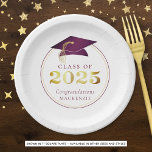 Graduation 2025 Faux Metallic Maroon Gold Paper Plates<br><div class="desc">Elegant personalized graduation CLASS OF 2025 graduation party paper plates featuring faux metallic burgundy maroon and gold graduation cap and year with your custom text (shown with CONGRATULATIONS NAME) in maroon. ASSISTANCE: For help with design modification or personalization, color change, resizing, transferring the design to another product or if you...</div>