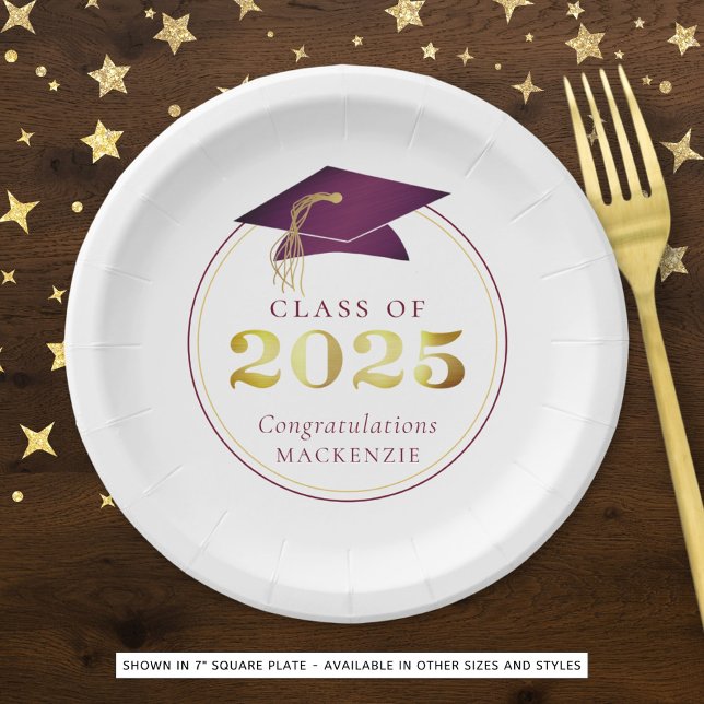 Graduation 2025 Faux Metallic Maroon Gold Paper Plates (Creator Uploaded)