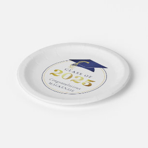Graduation 2025 Faux Metallic Navy Blue Gold Paper Plates