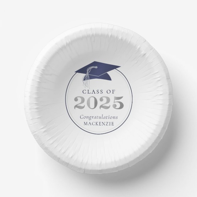 Graduation 2025 Faux Metallic navy blue silver Paper Bowls (Front)