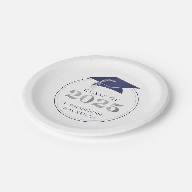 Graduation 2025 Faux Metallic Navy Blue Silver Paper Plates (Angled)