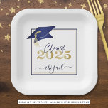 Graduation 2025 Faux Metallic Navy Gold Script Paper Plates<br><div class="desc">Modern personalized CLASS OF 2025 navy blue, gold and white graduation party plates with your graduate's name in a chic handwritten script with shimmering faux metallic navy blue graduation cap and faux metallic gold 2025. ASSISTANCE: For help with design modification/personalization, color change, transferring the design to another product or would...</div>