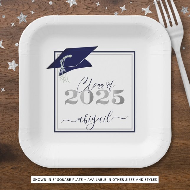 Graduation 2025 Faux Metallic Navy Silver Script Paper Plates (Creator Uploaded)