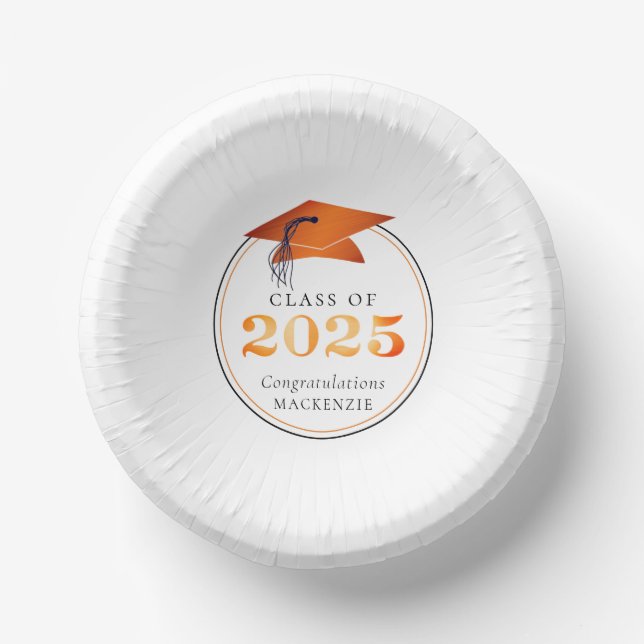Graduation 2025 Faux Metallic Orange Black Paper Bowls (Front)