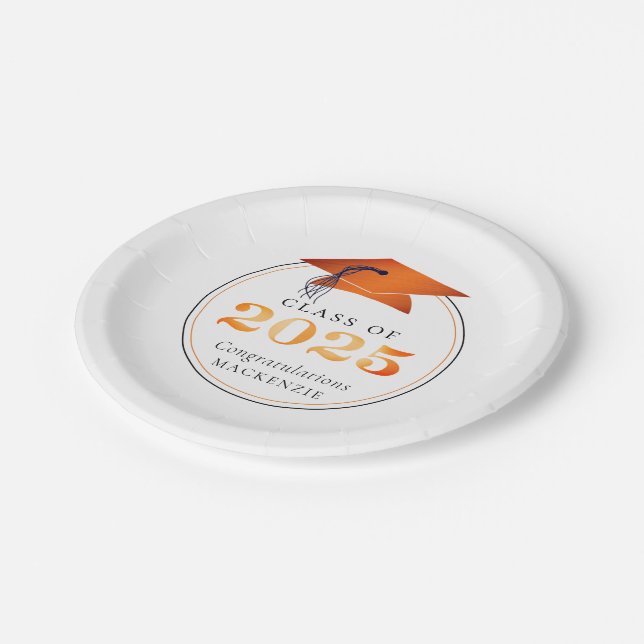 Graduation 2025 Faux Metallic Orange Black Paper Plates (Angled)