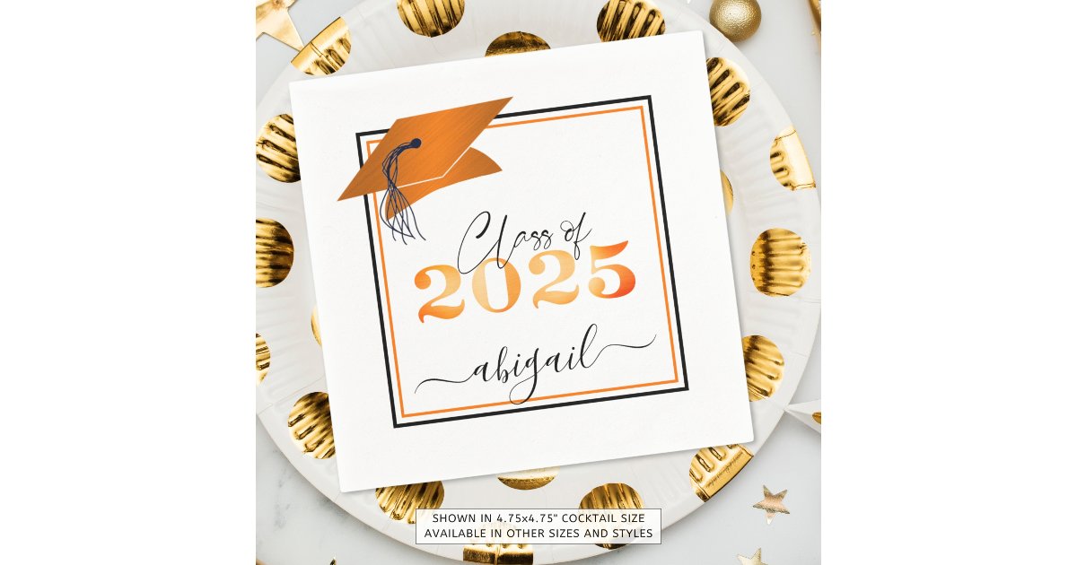 Graduation 2025 Faux Metallic Orange Black Script Napkins