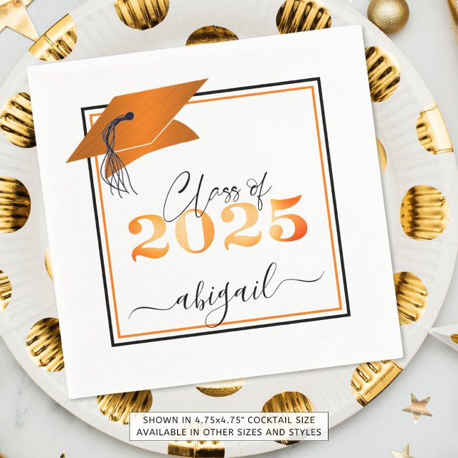Graduation 2025 Faux Metallic Orange Black Script Napkins (Creator Uploaded)