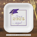 Graduation 2025 Faux Metallic Purple Gold Script Paper Plates<br><div class="desc">Modern personalized CLASS OF 2025 purple, gold and white graduation party plates with your graduate's name in a chic handwritten script with faux metallic purple graduation cap and faux metallic gold 2025. ASSISTANCE: For help with design modification/personalization, color change, transferring the design to another product or would like coordinating items,...</div>