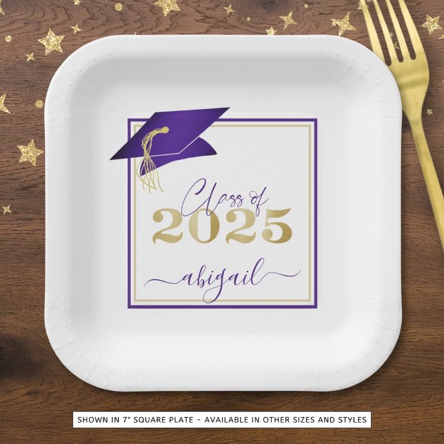 Graduation 2025 Faux Metallic Purple Gold Script Paper Plates (Creator Uploaded)
