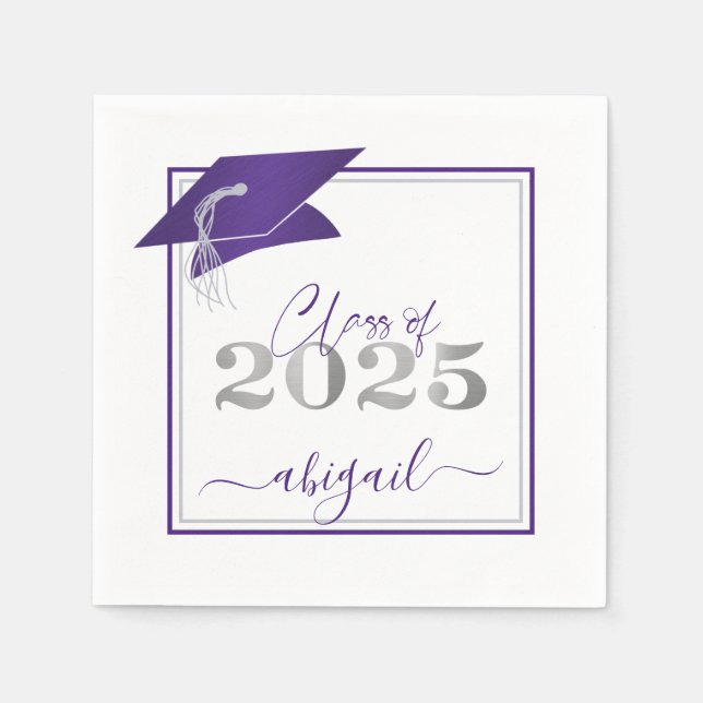 Graduation 2025 Faux Metallic Purple Silver Script Napkins (Front)
