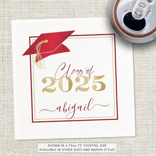 Graduation 2025 Faux Metallic Red Gold Script Napkins (Creator Uploaded)