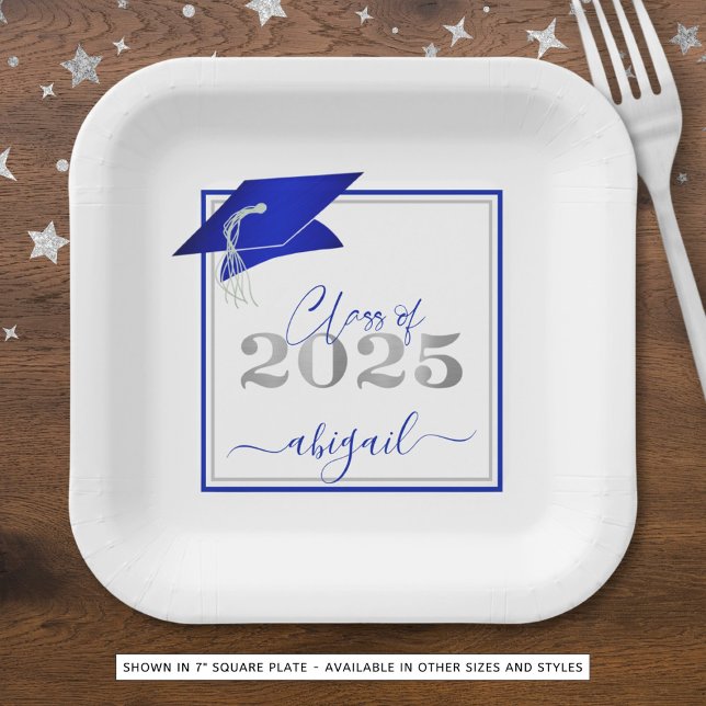 Graduation 2025 Faux Metallic Royal Blue Silver Paper Plates (Creator Uploaded)