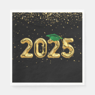 Graduation 2025 Gold Balloons and Green Cap Napkins