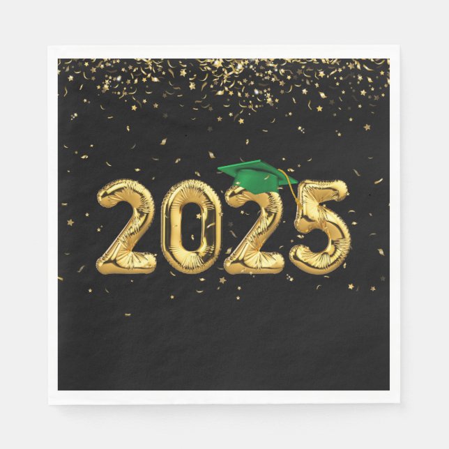 Graduation 2025 Gold Balloons and Green Cap Napkins (Front)