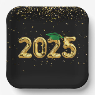 Graduation 2025 Gold Balloons and Green Cap Paper Plates