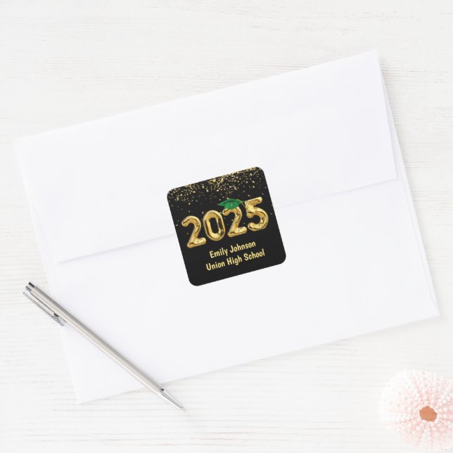Graduation 2025 Gold Balloons and Green Cap Square Sticker (Envelope)