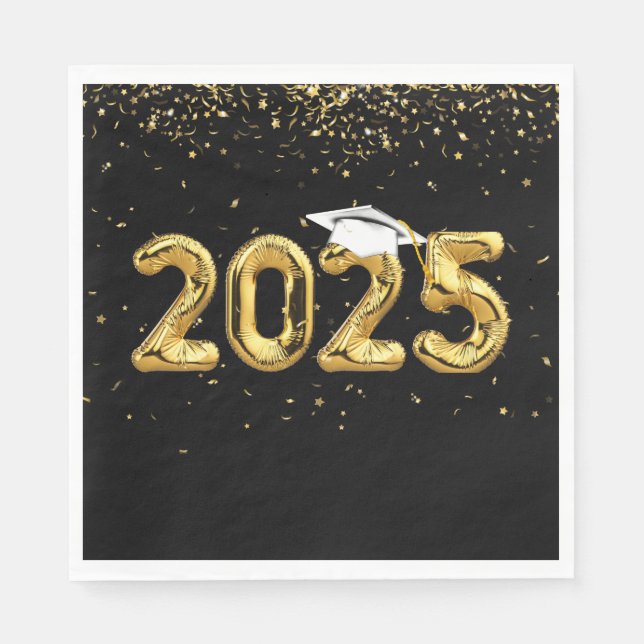 Graduation 2025 Gold Balloons and White Cap Napkins (Front)