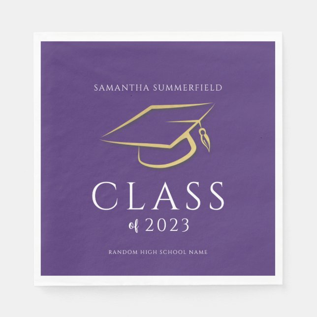 Graduation 2025 Gold Cap Purple Grad Party Paper Napkins (Front)