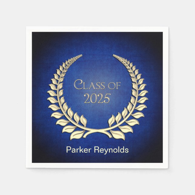 Graduation 2025 Gold Laurel Wreath On Blue Napkins (Front)