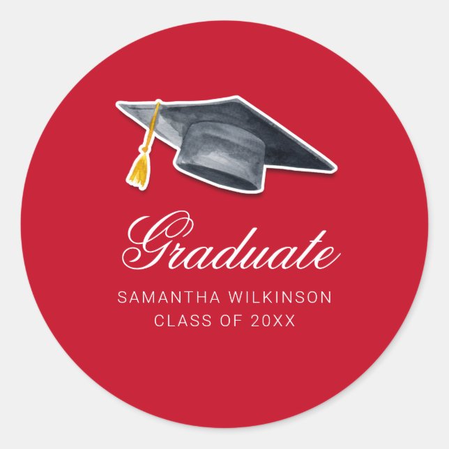 Graduation 2025 Grad Cap Tassel Calligraphy Red Classic Round Sticker (Front)