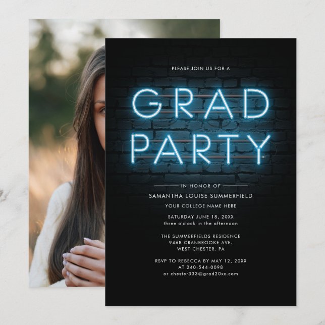 Graduation 2025 Grad Photo Blue Neon Party Invitation (Front/Back)