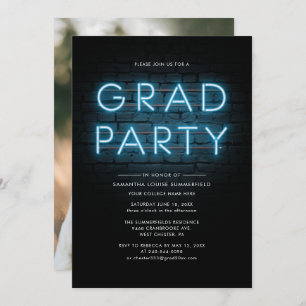 Graduation 2025 Grad Photo Blue Neon Party Invitation