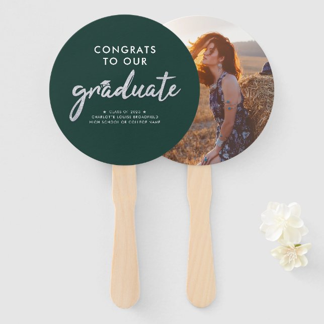 Graduation 2025 Grad Photo Green Silver Script Hand Fan (Front and Back)
