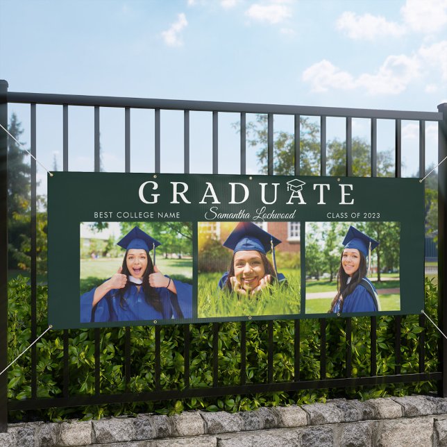 Graduation 2025 Grad Photos Green Script Party Banner (Graduation 2024 Grad Photo Collage Green Banner)
