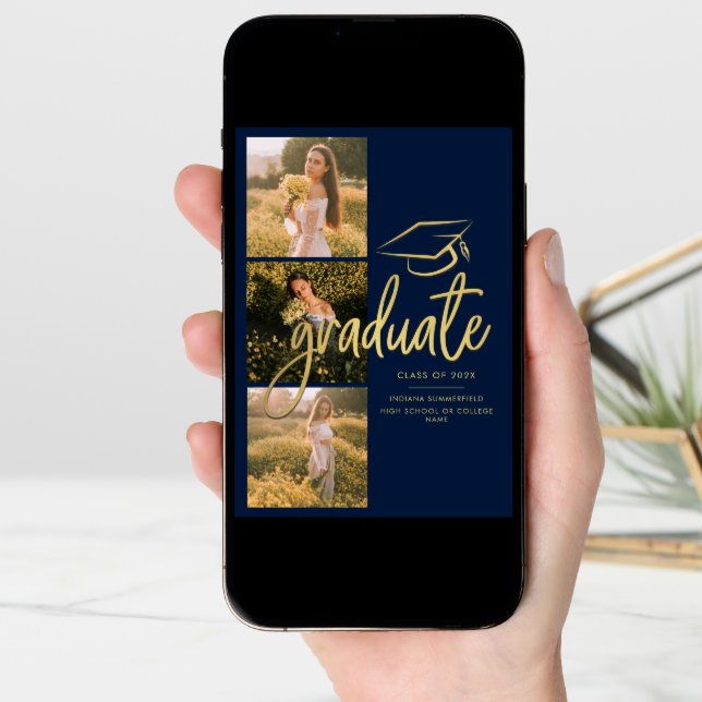 Graduation 2025 Grad Photos Navy Blue Script Announcement (Front Digital)