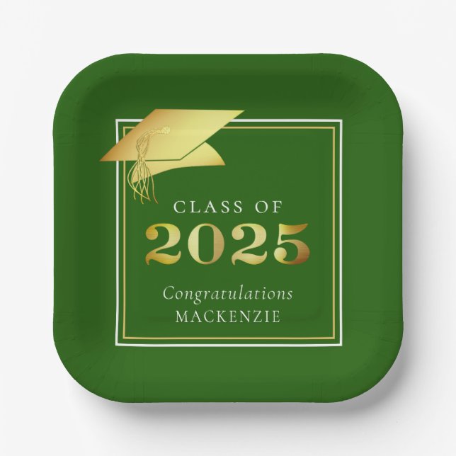 Graduation 2025 Green Faux Metallic Gold Paper Plates (Front)