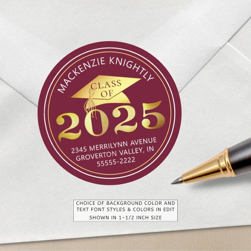 Graduation 2025 Maroon Faux Gold Foil Address Classic Round Sticker
