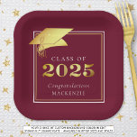 Graduation 2025 Maroon Faux Gold or Custom Color Paper Plates<br><div class="desc">Elegant personalized, custom color CLASS OF 2025 graduation party paper plates with CONGRATULATIONS and your graduate's name accented with a faux metallic gold 2025 and graduation cap or mortarboard in your choice of background color (shown in Maroon) you can change to a school color or coordinating party theme color. ASSISTANCE:...</div>